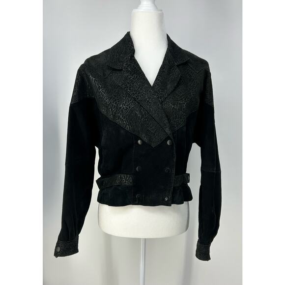 Vintage 80s G III G3 Black Suede Double Breasted Cropped Jacket Embossed Size S - Picture 1 of 12